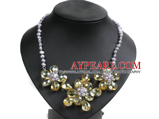 Minunat Party Style Light Purple natural de apă dulce Pearl galben floare de cristal colier Bib