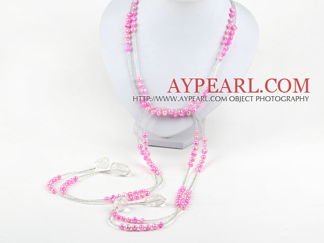 fashion long style dyed pink pearl and clear crystal necklace 