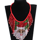 Luxurious Sparkly Red & Green Crystal Father Christmas / Santa Claus Statement Tassel Red Thread Hand-Knitted Necklace