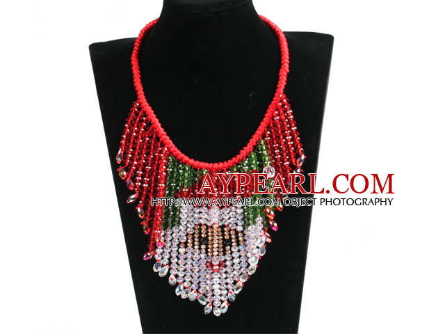 Luksuriøs Sparkly Red & Green Crystal Father Christmas / Julenissen Statement Tassel Red Thread Hånd Strikket Necklace