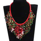Luxurious Sparkly Red & Green Crystal Christmas Statement Tassel Red Thread Hand-Knitted Necklace