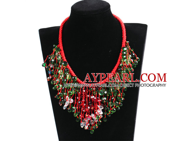豪華なキラキラレッド＆グリーンクリスタルクリスマスステートメントタッセル赤い糸手編みのネックレス