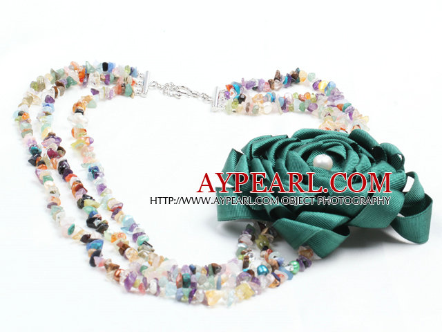 Fashion Style Three Strands Multi-Gemstone Chips Party Necklace with Statement Ribbon Flower Charm