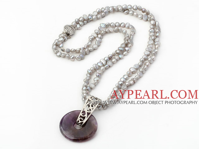 double strand gray pearl and natural amethyst good luck pendant neclace 