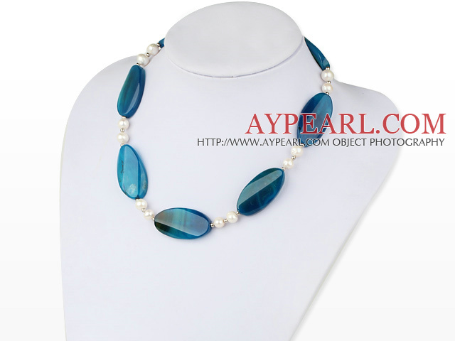natural white pearl and blue agate necklace