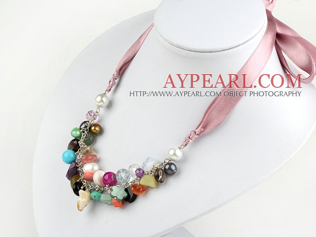 multo color stone srystal neckalce with ribbon
