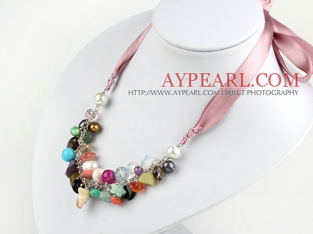 リボン付きmultoカラーストーンsrystal neckalce