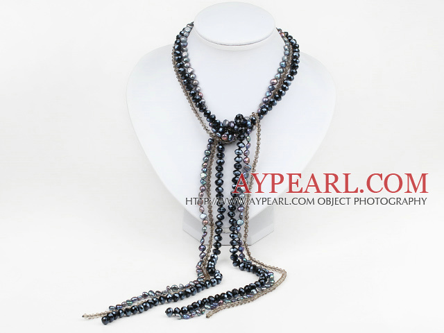 lightened crystal and black pearl long style necklace