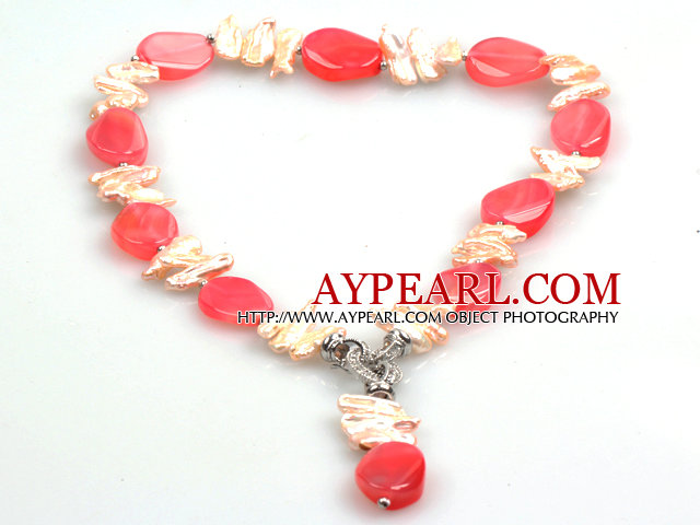 Biwa Pearl and Hot Pink Agate Pendant Necklace (The Pendant Is Removable)