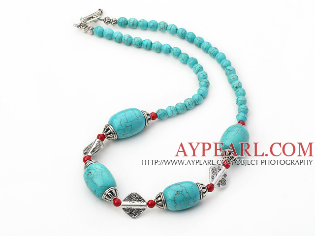 18 inches blue turquoise and red alaqueca necklace with toggle clasp