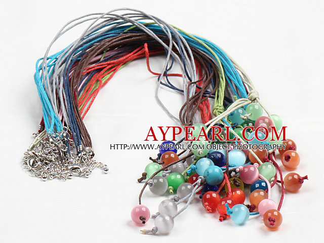 10 Pcs Y shape Multi Color Cat's Eye Stone Wax Thread Necklace (Random Color)