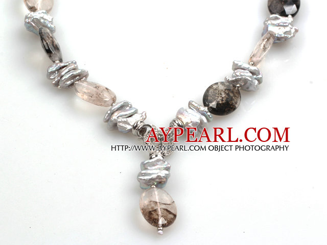 Biwa Pearl and Smoky Quartz Pendant Necklace (The Pendant Is Removable)