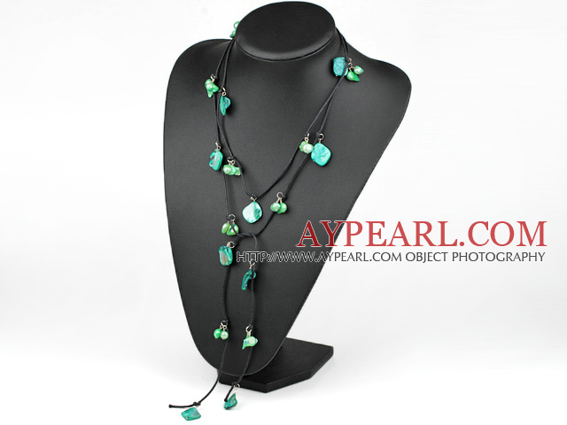 Beautiful Long Green Freshwater Pearl And Shell Black Leather Y Shape Pendant Necklace