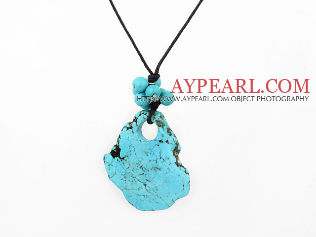 Nice Simple Style Round And Large Irregular Shape Blue Turquoise Pendant Necklace With Black Cords