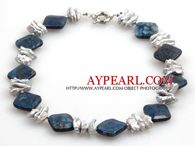 Biwa Pearl and Rhombus Shape Lapis Necklace with Lobster Clasp