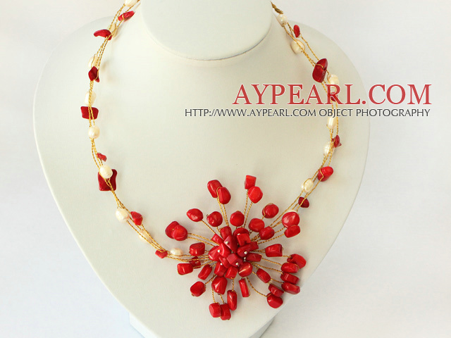 white pearl and red coral flower necklace with moonlight clasp