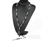 white pearl crystal and black agate long style Y shaped necklace