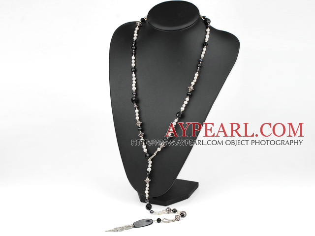 white pearl crystal and black agate long style Y shaped necklace