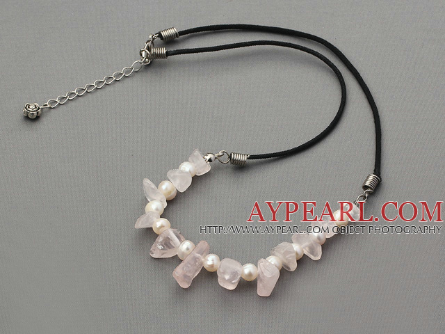 17.5 inches white pearl and rose quartz necklace with lobster clasp