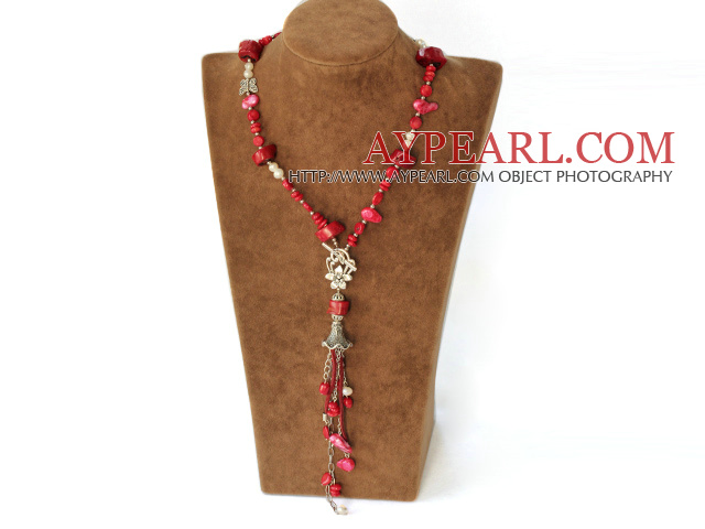 fashion white pearl and red coral Y shaped necklace