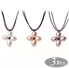 Lovely New Arrival 3 pcs Natural Freshwater Cross Pearl Leather Pendant Necklace