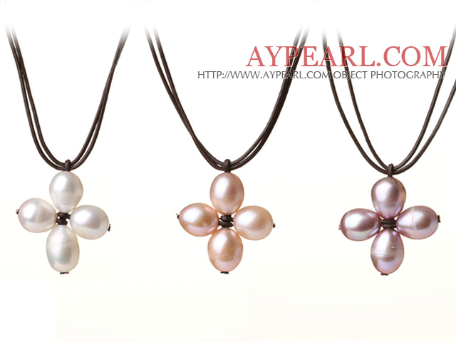 Lovely New Arrival 3 pcs Natural Freshwater Cross Pearl Leather Pendant Necklace