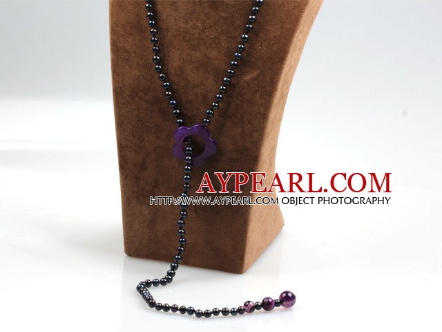 Long Style Black Freshwater Pearl and Purple Agate Y Shape Lariat Necklace