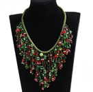 Luxurious Sparkly Red & Green Crystal Christmas Statement Tassel Green Thread Hand-Knitted Necklace