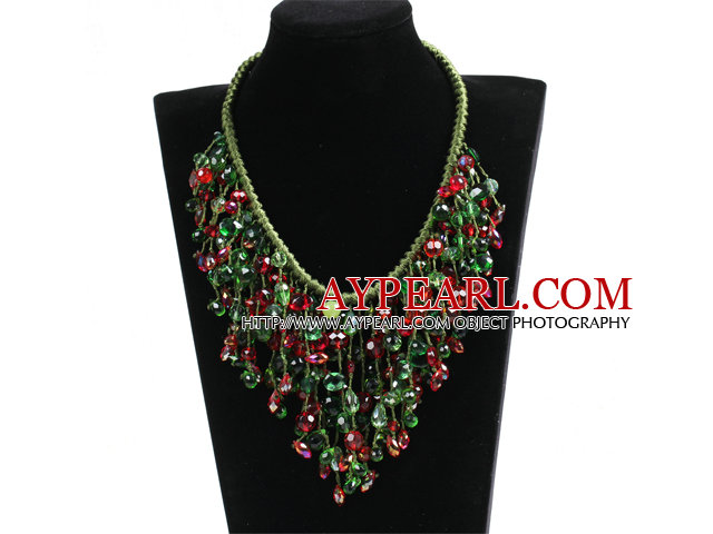 Luxurious Sparkly Red & Green Crystal Christmas Statement Tassel Green Thread Hand-Knitted Necklace