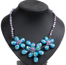 Gorgeous Party Style Natural Purple Freshwater Pearl Blue Crystal Flower Bib Necklace