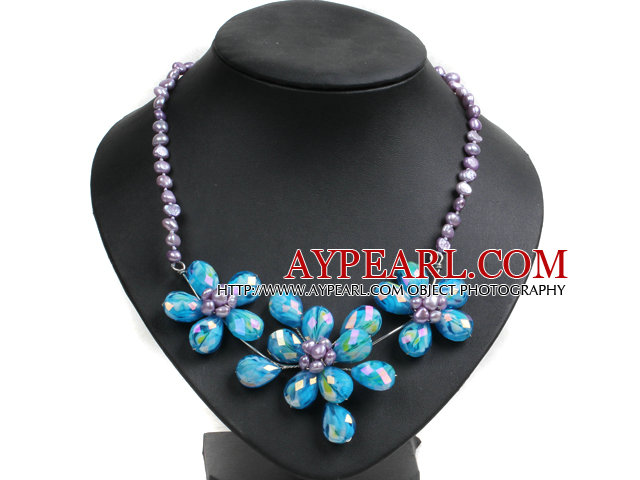 Minunat Party Style Purple natural de apă dulce Pearl albastru floare de cristal colier Bib