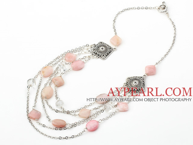Lovely Multi Pink Opal And White Crystal Layer Metal Chain Necklace