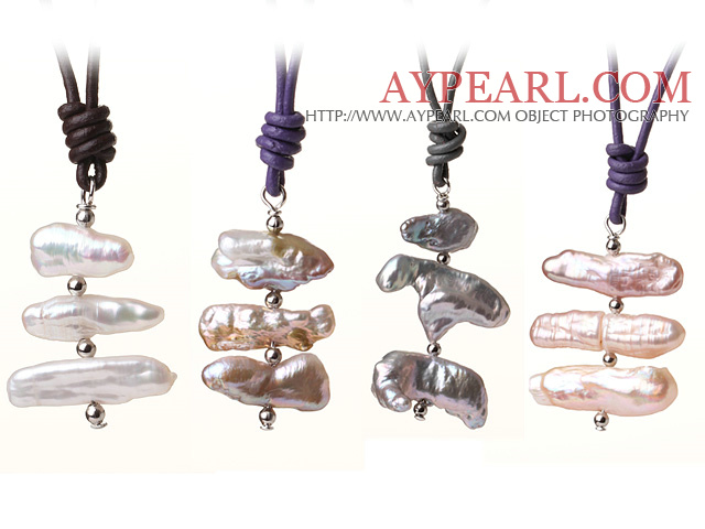 Mode de conception simple 4 pièces Biwa perle collier pendentif en cuir avec mousqueton