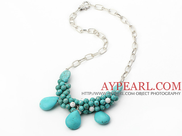 Beautiful Cluster Round And Teardrop Blue Turquoise Loop Chain Necklace With Lobster Clasp