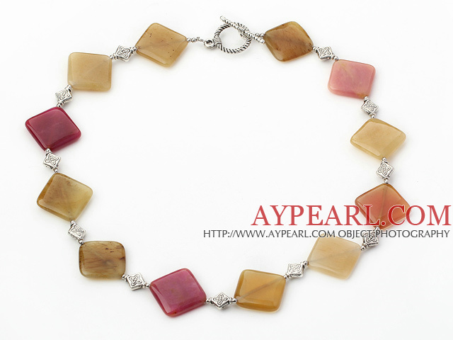 Elegant Rhombus Shape Three Color Jade And Tibet Siver Necklace With Toggle Clasp