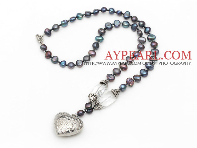 black pearl crystal necklace with tibet silver heart accessories