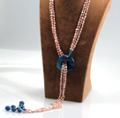 Wholesale Long Style Three Strands Pink Freshwater Pearl and Blue Agate Y Shape Lariat Tassel Necklace