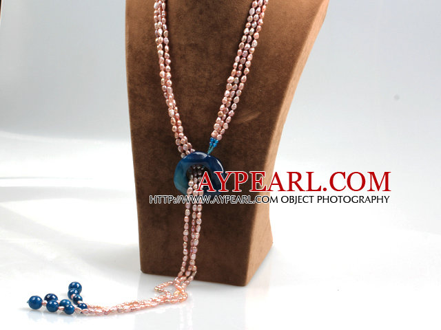 Style Long trois volets rose perle d'eau douce et Agate Bleue Y Forme Lariat Collier Tassel