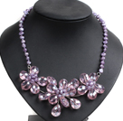 Gorgeous Party Style Natural Purple Freshwater Pearl Pink Crystal Flower Bib Necklace