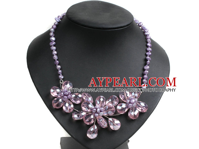 Великолепная партия Стиль природных Фиолетовый пресной воды Pearl Розовый кристалл Цветочный Ожерелье Биб
