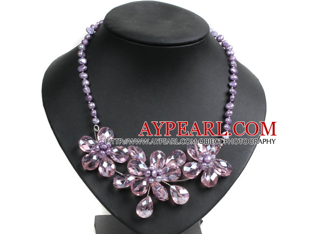 Gorgeous Party Style Natural Purple Freshwater Pearl Pink Crystal Flower Bib Necklace