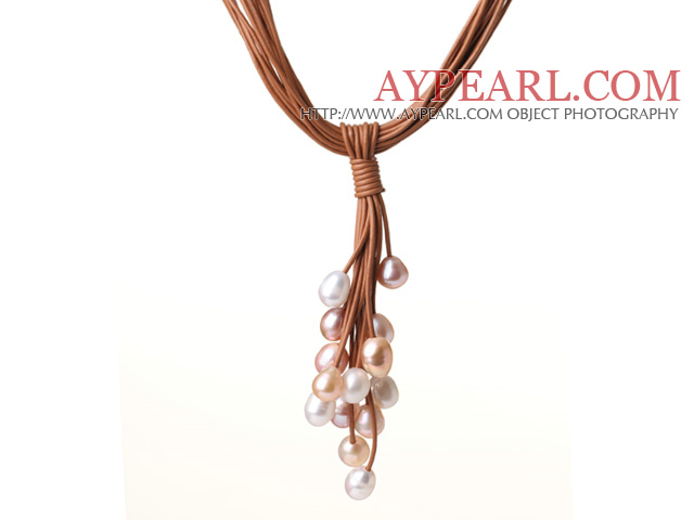 New Design Multi Strands 10-11mm Multi Color Freshwater Pearl Leather Necklace with Magnetic Clasp