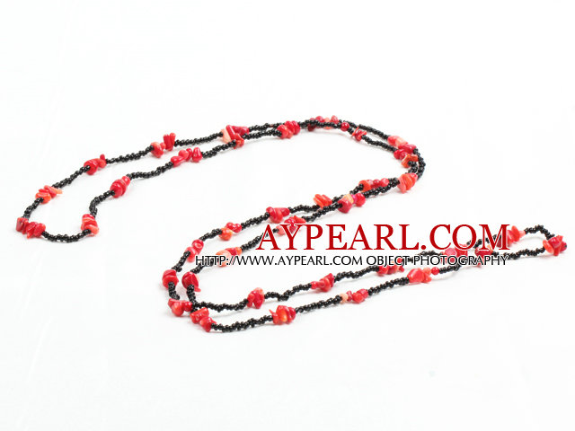 Fashion Long Style Red Coral Chips Black Beads Necklace