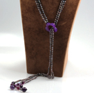 Long Style Three Strands Black Freshwater Pearl and Purple Agate Y Shape Lariat Tassel Necklace