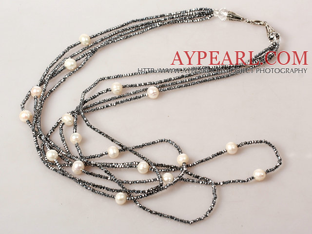 Multi Strands White Pearl och Gray Crystal Halsband 