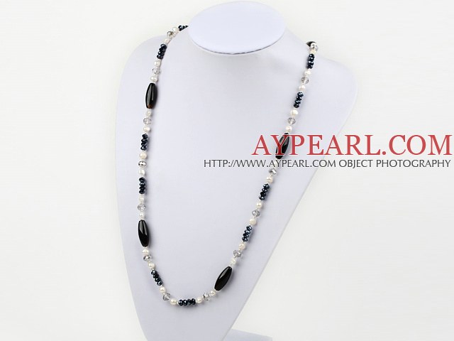 31.5 inches pearl crystal and black agate long style necklace