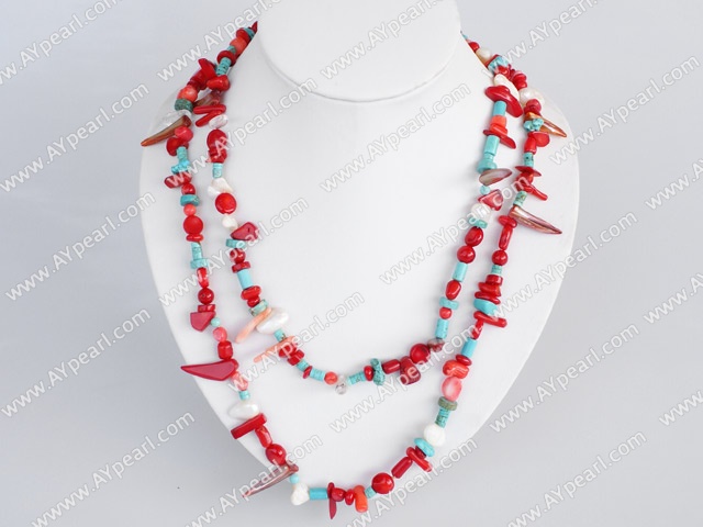 Lovely Long Style Multi Red Coral And Blue Turquoise Strand Necklace