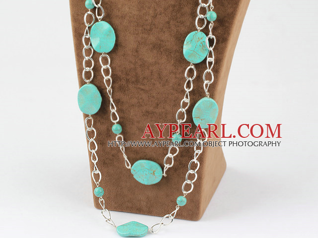fashion long style burst pattern turquoise necklace with metal chain