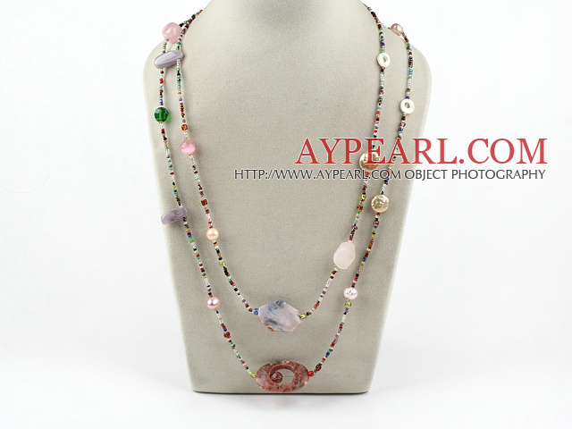 Beautiful Long Style Multi Stone Beads Strand Necklace, Sweater Necklace