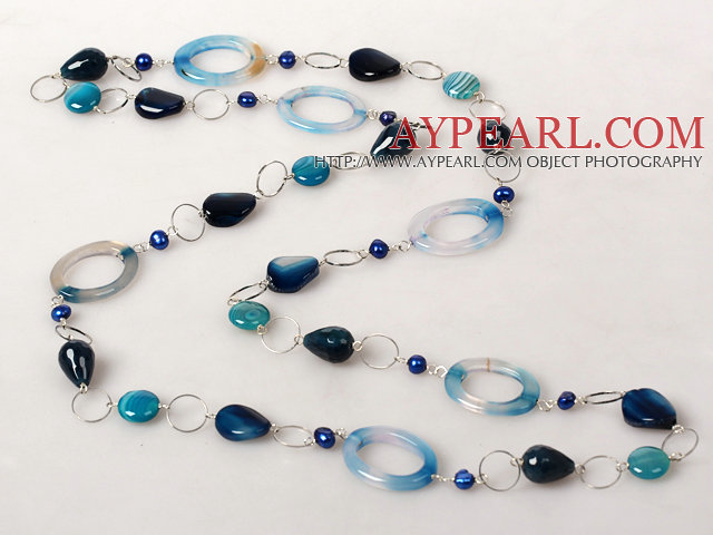 Long Style Pearl and Blue Agate Necklace with Metal Loop Chain